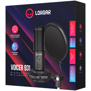 LORGAR Voicer 931, Gaming Microphone, Black, USB condenser microphone with boom arm stand, pop filter, tripod stand. including 1* microphone, 1*Boom Arm Stand with C-clamp, 1*shock mount, 1*pop filter, 1*windscreen cap, 1*2.5m type-C USB cable, 1* Extra t