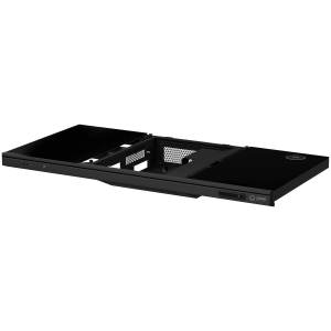 Dual-motor sit/stand adjustable-height gaming desk with built-in PC case, wireless charger, RGB lighting, control panel, and USB ports, tempered glass tabletop, black.