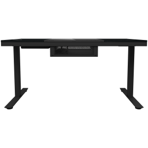 Dual-motor sit/stand adjustable-height gaming desk with built-in PC case, wireless charger, RGB lighting, control panel, and USB ports, tempered glass tabletop, black.