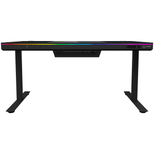 Dual-motor sit/stand adjustable-height gaming desk with built-in PC case, wireless charger, RGB lighting, control panel, and USB ports, tempered glass tabletop, black.