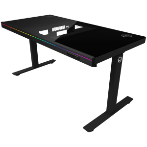 Dual-motor sit/stand adjustable-height gaming desk with built-in PC case, wireless charger, RGB lighting, control panel, and USB ports, tempered glass tabletop, black.