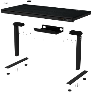 Dual-motor sit/stand adjustable-height gaming desk with wireless charger, RGB lighting, control panel, and USB ports, PB melamine surface tabletop, black.