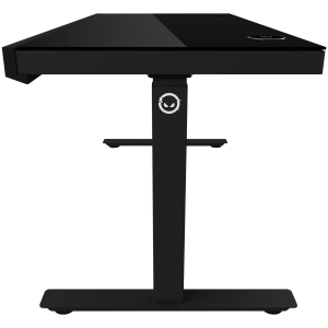 Dual-motor sit/stand adjustable-height gaming desk with wireless charger, RGB lighting, control panel, and USB ports, solid tempered glass tabletop, black.