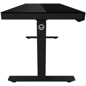 Dual-motor sit/stand adjustable-height gaming desk with wireless charger, RGB lighting, control panel, and USB ports, solid tempered glass tabletop, black.