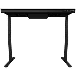 Dual-motor sit/stand adjustable-height gaming desk with wireless charger, RGB lighting, control panel, and USB ports, solid tempered glass tabletop, black.