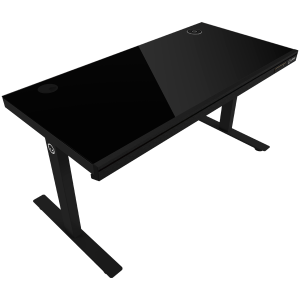 Dual-motor sit/stand adjustable-height gaming desk with wireless charger, RGB lighting, control panel, and USB ports, solid tempered glass tabletop, black.