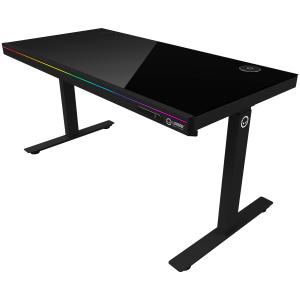 Dual-motor sit/stand adjustable-height gaming desk with wireless charger, RGB lighting, control panel, and USB ports, solid tempered glass tabletop, black.