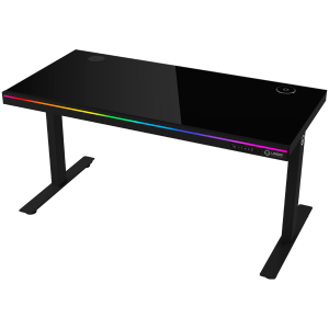 Dual-motor sit/stand adjustable-height gaming desk with wireless charger, RGB lighting, control panel, and USB ports, solid tempered glass tabletop, black.