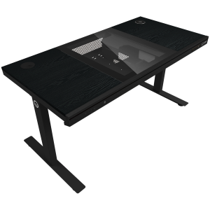 Dual-motor sit/stand adjustable-height gaming desk with built-in PC case, wireless charger, RGB lighting, control panel, and USB ports, PB melamine surface tabletop, black.