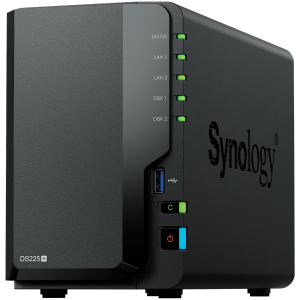 Synology DS225+, Tower, 2-bays 3.5'' SATA HDD/SSD, CPU Inte Celeron J4125 4-core (4-thread) 2.0 GHz, burst up to 2.7 GHz, 2 GB DDR4 non-ECC (expandable up to 6 GB), 1xRJ-45 1GbE LAN, 1xRJ-45 2.5 GbE LAN, 2xUSB 3.2 Gen 1, 1.3 kg, 3yr warranty