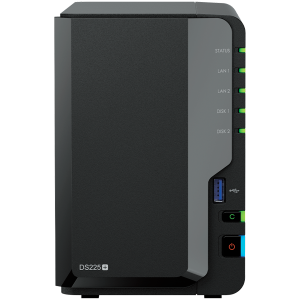 Synology DS225+, Tower, 2-bays 3.5'' SATA HDD/SSD, CPU Inte Celeron J4125 4-core (4-thread) 2.0 GHz, burst up to 2.7 GHz, 2 GB DDR4 non-ECC (expandable up to 6 GB), 1xRJ-45 1GbE LAN, 1xRJ-45 2.5 GbE LAN, 2xUSB 3.2 Gen 1, 1.3 kg, 3yr warranty