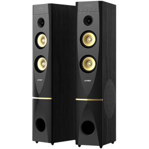 F&D T-88X 2.0 Floorstanding Speakers, 300W RMS (150x2), 1'' Tweeter + 5.25'' Speaker + 10'' Subwoofer for each channel, BT 4.2/HDMI/Optical/Coaxial/AUX/USB/FM/Karaoke function/LED Display/Remote Control/Microphone included/Wooden/Black