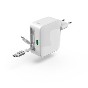 HAMA Бързо зарядно, 30 W, GaN, 2x USB-C, с разтегателен кабел 0.7м, бял