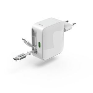 HAMA Бързо зарядно, 30 W, GaN, 2x USB-C, с разтегателен кабел 0.7м, бял