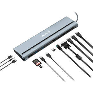 CANYON DS-90, 14 in 1 hub, with Type C female *2,Type C male *1:max 10Gbps,USBA*3:max 10Gbps,DP*1，VGA*1,SD card slot*1,TF card slot*1,Audio 3.5 audio*1,HDMI*2,RJ45*1,cable length 0.20m,Aluminum alloy housing,76*22.5*301mm,Dark grey