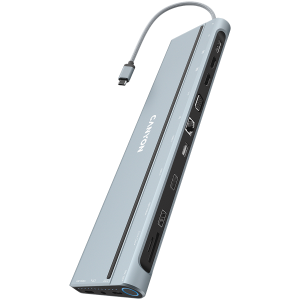 CANYON DS-90, 14 in 1 hub, with Type C female *2,Type C male *1:max 10Gbps,USBA*3:max 10Gbps,DP*1，VGA*1,SD card slot*1,TF card slot*1,Audio 3.5 audio*1,HDMI*2,RJ45*1,cable length 0.20m,Aluminum alloy housing,76*22.5*301mm,Dark grey