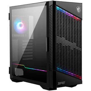 MSI MPG VELOX 100P AIRFLOW, Mid-Tower, ATX/Micro-ATX/Mini-ITX, 2x USB 3.2 Gen 1 Type-A, 1x USB 3.2 Gen 2x2 Type-C, 1x Audio/1x Mic, 4x 120mm Fans (1x ARGB), ARGB Hub, Mesh Front Panel, Vertical GPU Bracket (No Riser Cable Included), Tempered Glass