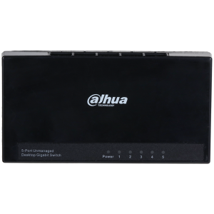 Dahua 5-Port Gigabit Ethernet Switch, L2, IEEE 802.3, IEEE 802.3u, IEEE 802.3ab, IEEE802.3x, switching capacity 10 Gbps, Packet Forwarding Rate 7.44 Mpps, Packet Buffer Memory 1.5 Mbi, MAC Table 2K, 1.6W