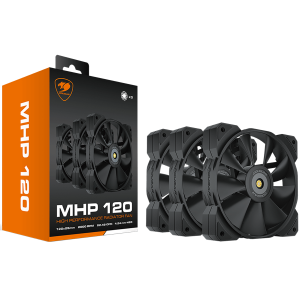 COUGAR MHP 120 Black (3 Fan Pack), 120mm 4-pin PWM fan, 600-2000RPM, HDB Bearing, Anti-vibration Dampers, Extension Cable + Low-Noise Adapter, Case + Radiator screws, 82.48 CFM, 4.24mm H20, 34.5 dBA (Max)