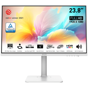 MSI MODERN MD2412PW Professional Business Monitor, 23.8" 100Hz, FHD (1920x1080) 16:9, IPS Anti-glare, 1ms/4ms, 250nits, 1000:1, 178/178, Adaptive-Sync, HDR Ready, Adjustable Stand, Speakers, 1x HDMI, 1x Type-C, White, 3Y Warranty