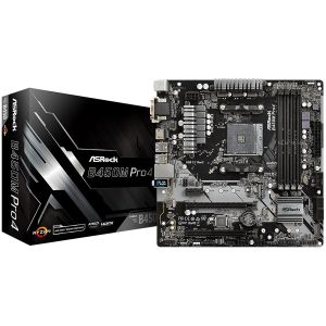 ASROCK Main Board Desktop B450M PRO4 (AM4 B450, 4xDDR4,PCIe 3.0 x16,PCIe 2.0 x1, M.2, 4 SATA3, Type -C, 7 USB,VGA, DVI, HDMI) mATX