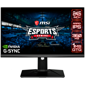 MSI Oculux NXG253R Gaming Monitor, 24.5" 360Hz, FHD (1920x1080) 16:9, Rapid IPS Anti-glare, 1ms GTG, 400nits, 1000:1, 178°/178°, NVIDIA Reflex, G-SYNC, ULMB, Adjustable Stand, Mystic Light, 1x DP, 1x HDMI, 3x USB 3.2, 3Y Warranty
