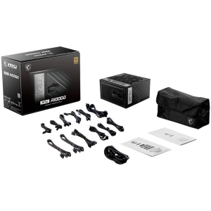 MSI MPG A1000G, 1000W, 80 Plus Gold, ATX Form Factor, 100~240 Vac Input Voltage, 50Hz ~ 60Hz Input Frequency, 135 mm Fan, 150 x 150 x 86mm, Active PFC, OCP, OVP, OPP, OTP, SCP, UVP, ATX, 2xEPS, 7XPCi-E, 12xSATA, 4xMOLEX, 1xFDD, 10Y