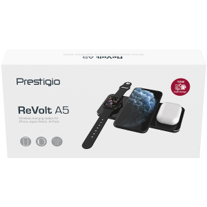 Prestigio ReVolt A5, 3-in-1 wireless charging station for iPhone, Apple Watch, AirPods, wilreless output for phone 7.5W/10W, wireless output for AirPods 5W, wireless output for Apple Watch 2.5W, material: aluminum+tempered glass, black+space grey color.