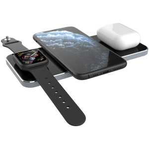 Prestigio ReVolt A5, 3-in-1 wireless charging station for iPhone, Apple Watch, AirPods, wilreless output for phone 7.5W/10W, wireless output for AirPods 5W, wireless output for Apple Watch 2.5W, material: aluminum+tempered glass, black+space grey color.