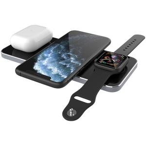 Prestigio ReVolt A5, 3-in-1 wireless charging station for iPhone, Apple Watch, AirPods, wilreless output for phone 7.5W/10W, wireless output for AirPods 5W, wireless output for Apple Watch 2.5W, material: aluminum+tempered glass, black+space grey color.