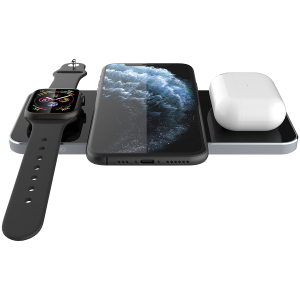 Prestigio ReVolt A5, 3-in-1 wireless charging station for iPhone, Apple Watch, AirPods, wilreless output for phone 7.5W/10W, wireless output for AirPods 5W, wireless output for Apple Watch 2.5W, material: aluminum+tempered glass, black+space grey color.