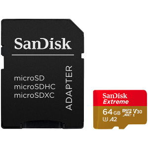 SANDISK Extreme microSDXC 64GB for Action Cams and Drones + SD Adapter + 1 year RescuePRO Deluxe up to 170MB/s & 80MB/s Read/Write speeds A2 C10 V30 UHS-I U3