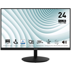 MSI PRO MP242A Professional Business Monitor, 23.8" 100Hz, FHD (1920x1080) 16:9, IPS Anti-glare, 1ms/4ms, 300nits, 1000:1, 178/178, Adaptive-Sync, Tilt, 1x D-Sub(VGA), 1x HDMI, 1x DP, Speakers, 3Y Warranty