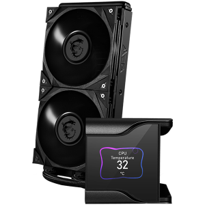 MSI MEG CORELIQUID S280 Liquid Cooler, 2x MEG SILENT GALE P14 1800rpm PWM Fans, 2.4” Customizable IPS Display, VRM Fan, Intel LGA 115x/1200/1700/2011/2066, AMD AM5/AM4/AM3+/AM3/AM2+/AM2/FM2+/FM2/FM1, 5Y Warranty