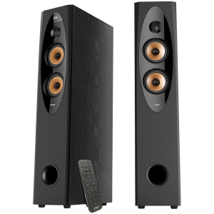 F&D T-60X 2.0 Floorstanding Speakers, 110W RMS ( 55Wx2), 1'' Tweeter + 4'' Speaker + 8'' Subwoofer for each channel, BT/NFC/Optical/AUX/USB/FM/Karaoke function/LED Display/Remote control/Microphone/Wooden, Black