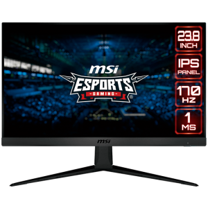 MSI G2412 Gaming Monitor, 23.8" 170Hz, FHD (1920x1080) 16:9, IPS Anti-glare, 1ms, 250nits, 1100:1, 178°/178°, Adaptive Sync, Adjustable Stand, 1x DP, 2x HDMI, 3Y Warranty