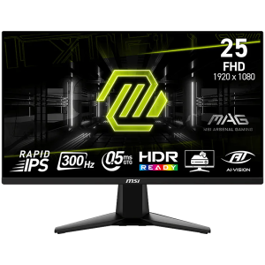 MSI MAG 255XF Gaming Monitor, 24.5" 300Hz, FHD (1920x1080) 16:9, Rapid IPS, 0.5ms, 250nits, 1000:1, 178/178, AMD FreeSync Premium, HDR Ready, Tilt, 1x DP, 2x HDMI, 1x Headphone out, 3Y Warranty