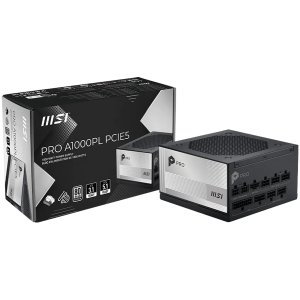 MSI PRO A1000PL PCIE5, 850W, 80 Plus Platinum, 120mm Fluid Dynamic Bearing Fan, Protections: OCP/OTP/OPP/SCP/OVP/UVP/SIP/NLO, Dimensions: 150mmx150mmx86mm, 7Y Warranty