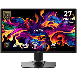 MSI MAG 272QP QD-OLED X24 Gaming Monitor, 26.5" 240Hz, WQHD (2560x1440) 16:9, QD-OLED Anti-Reflection, 0.03ms, 200nits, 1500000:1, 178/178, G-SYNC Compatible, AMD FreeSync Premium, HDR Ready, Adjustable Stand, 1x DP, 2x HDMI, 1x Type-C, 3Y