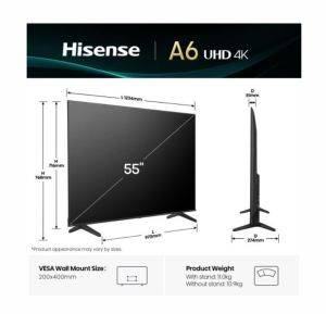 Телевизор Hisense 55" A6Q, 4K Ultra HD 3840x2160, DLED, DFA, Precision Colour, HDR 10+, HLG, Dolby Vision,Light sensor, Smart TV, WiFi, BT, AnyView Cast, Gaming Mode, 1xHDMI2 eArc, 3xHDMI, 2xUSB, LAN, CI+, DVB-T2/C/S2, Black