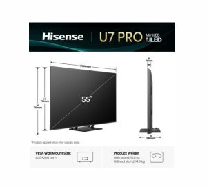 Телевизор Hisense 55"U7Q Pro, 4K Ultra HD 3840x2160, ULED, FALD, Quantum Dot, 165Hz, IPS, HDR 10+, HLG, Dolby Vision IQ, Dolby Atmos, Smart TV, WiFi 5GHz, WiFi Direct, BT, Anyview Cast,light sensor,Solar Powered Remote, 4xHDMI, 2xUSB, LAN, CI+, DVB-T2/C/S