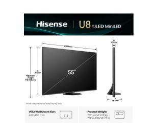 Телевизор Hisense 55" U8Q, 4K Ultra HD 3840x2160, Mini Led Pro, FALD, Quantum Dot, 165Hz, IPS, HDR 10+, HLG, Dolby Vision IQ, Dolby Atmos, Smart TV,Light Sensor,WiFi 5GHz, WiFi Direct, BT, Anyview Cast, 3xHDMI, 2xUSB,1x USB (3.0) , LAN, CI+, DVB-T2/C/S2, 