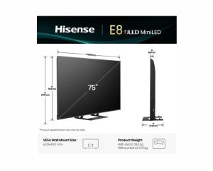 Телевизор Hisense 75" E8Q, 4K Ultra HD 3840x2160, ULED, Quantum Dot,144 Hz, HDR 10+, HLG, Dolby Vision, DTS Virtual X, Smart TV, Light Sensor, WiFi Direct, BT, Anyview Cast, 3xHDMI, 2xUSB, LAN, CI+, DVB-T2/C/S2,Singale stand, Black