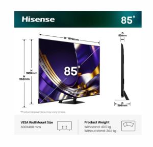 Телевизор Hisense 85"U7S Pro, 4K Ultra HD 3840x2160, ULED, FALD, Quantum Dot, 165Hz, IPS, HDR 10+, HLG, Dolby Vision IQ, Dolby Atmos, Smart TV, WiFi 5GHz, WiFi Direct, BT, Anyview Cast,light sensor,Solar Powered Remote, 4xHDMI, 2xUSB, LAN, CI+, DVB-T2/C/S