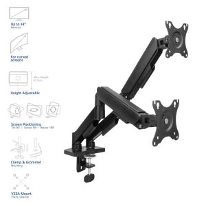 ACT Стойка за 2 бр. монитора за бюро AC8314, Регулируема, 17" - 34", 9 кг, газова пружина