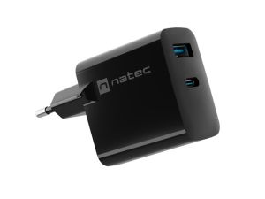 Адаптер Natec USB Charger Ribera Gan 1X USB-A + 1X USB-C 45W, Black