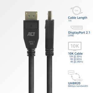 ACT Кабел Display port 2.1 мъжко-мъжко,8К@60Hz,4k@240Hz, 1м, черен