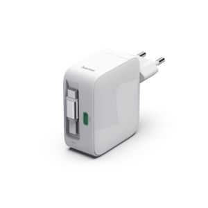 HAMA Бързо зарядно, 65 W, GaN, 2x USB-C, с разтегателен кабел 0.7м, бял
