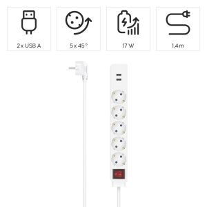 Разклонител HAMA USB 3.4A, 5 гнезда, 2x USB, 3400mA, 223183
