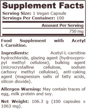 Pure Nutrition Acetyl L Carnitine 750 мг 100 Vegan Capsules